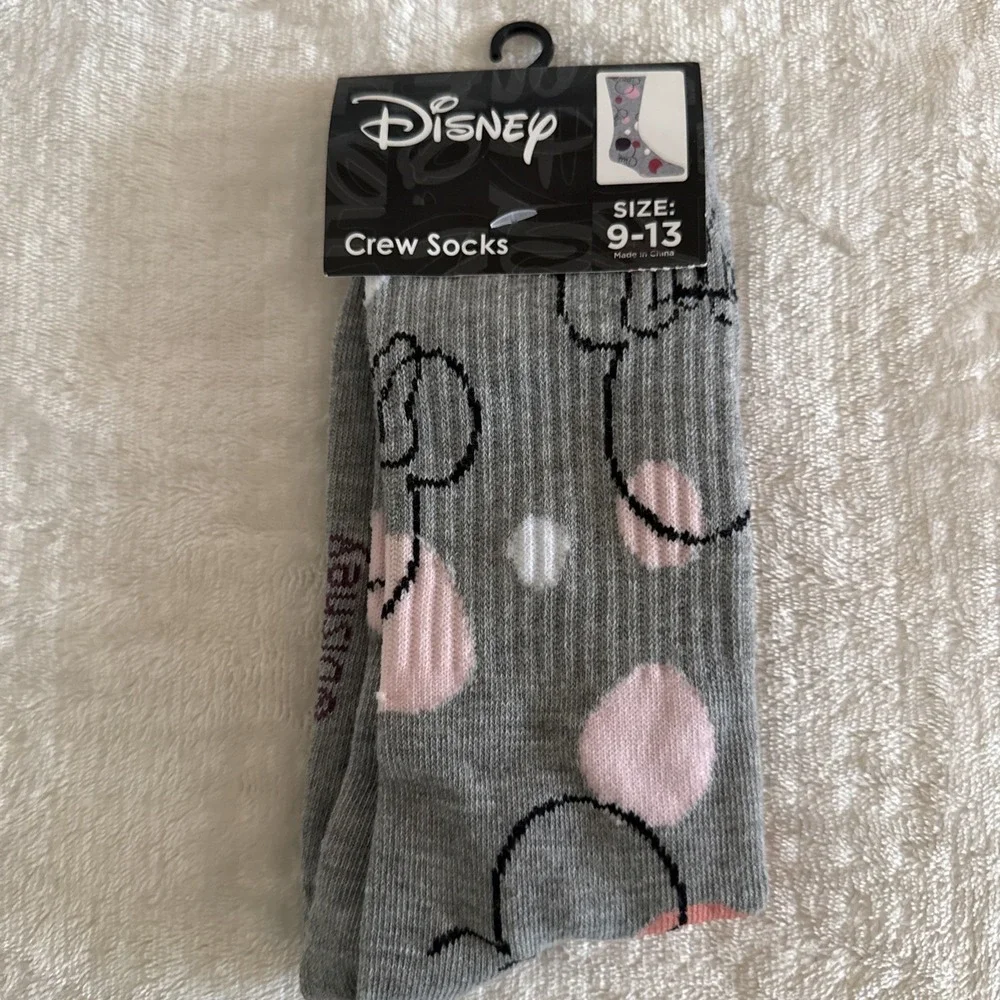 Disney Minnie Mouse Crew Socks (1 Pair) Size 9-13 New Gray & Pink